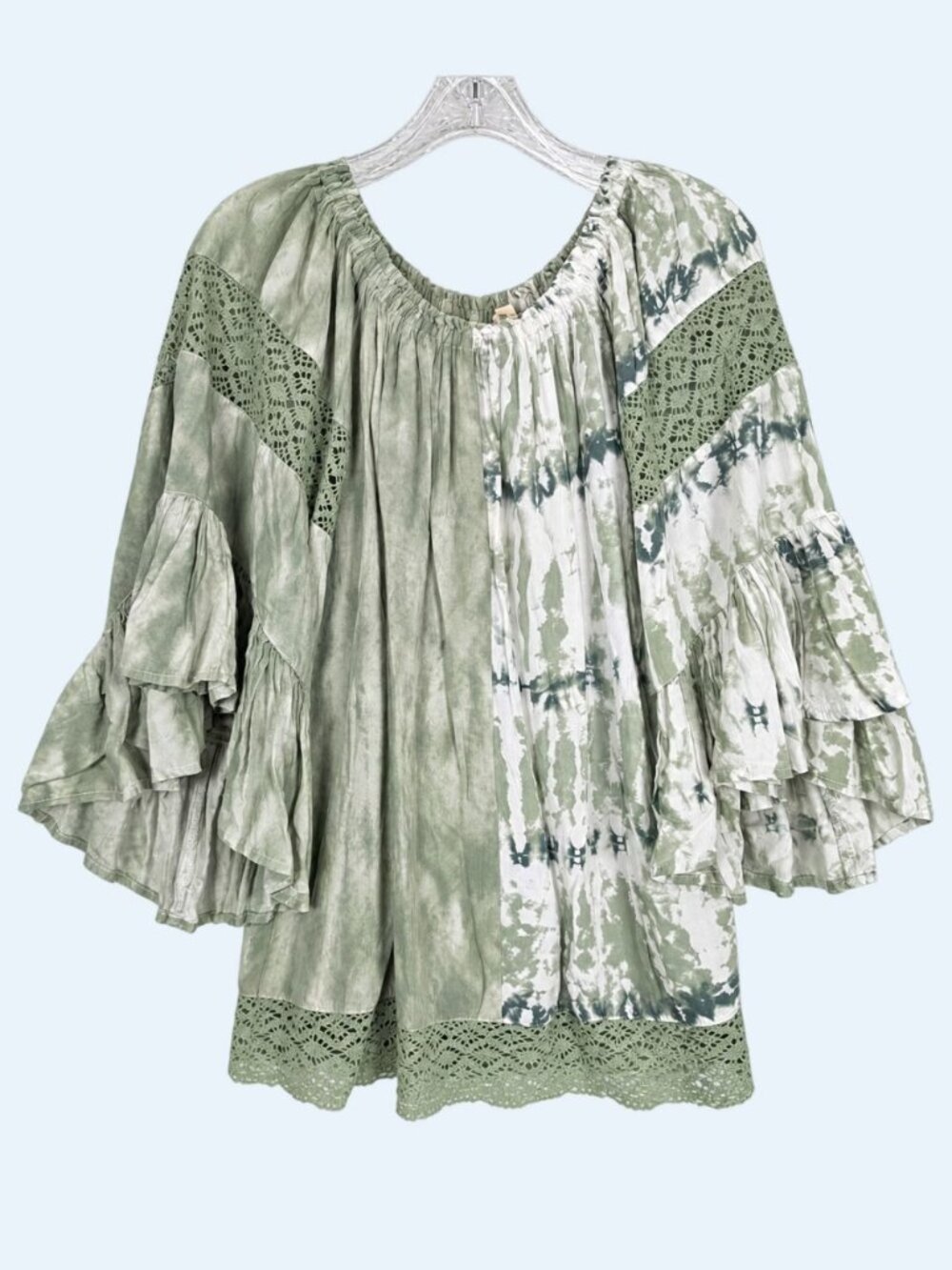 Surf Gypsy Womens M Sage Green Tie Dye Lace Off Shoulder Bell Sleeve Boho Tunic